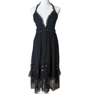 Vtg Y2k Silk Black Whimsigoth Babydoll Midi Dress Sz S Fairy Grunge Witchy Prom